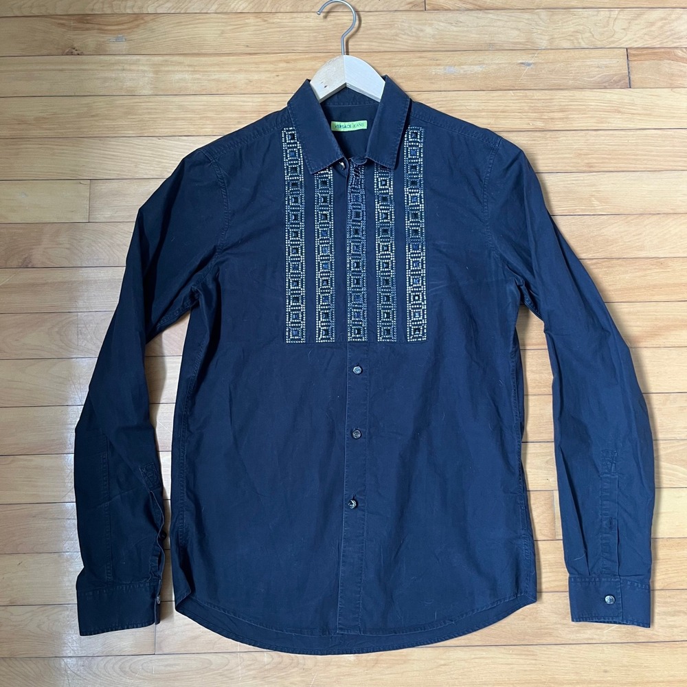 Versace Jeans Mens Black Studded Embellished Bib Long Sleeve Button Down Shirt